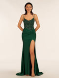 Green V Neck Beading Satin Long Slit Prom Dresses