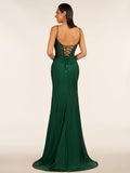 Green V Neck Beading Satin Long Slit Prom Dresses