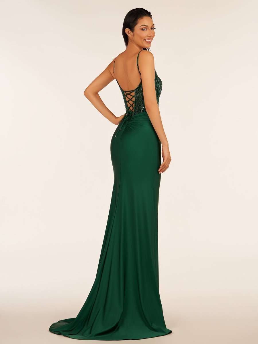 Green V Neck Beading Satin Long Slit Prom Dresses