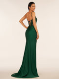 Green V Neck Beading Satin Long Slit Prom Dresses