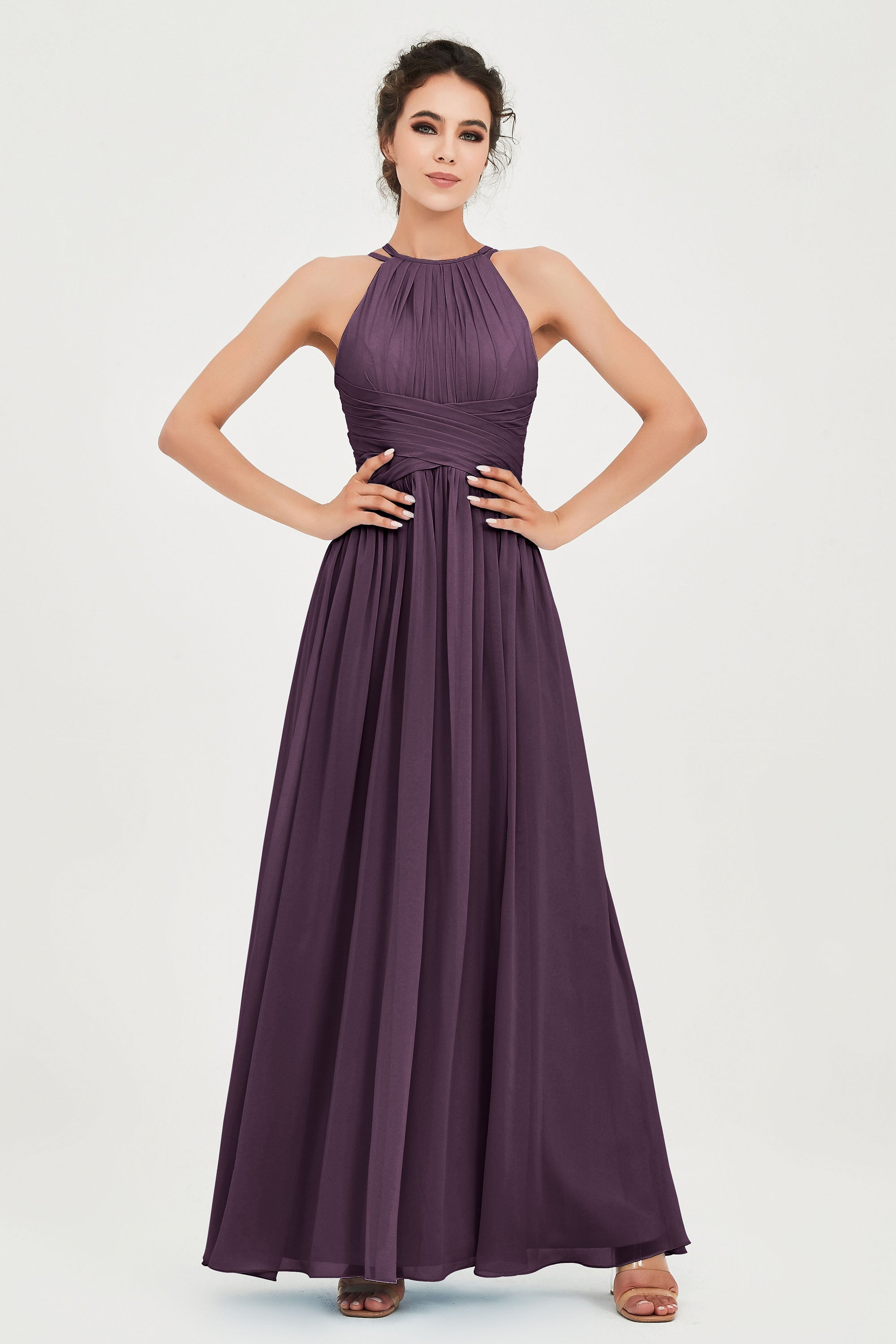 Empire Halter Chiffon Women's Bridesmaid Dress Ruched Formal Evening Prom Gowns