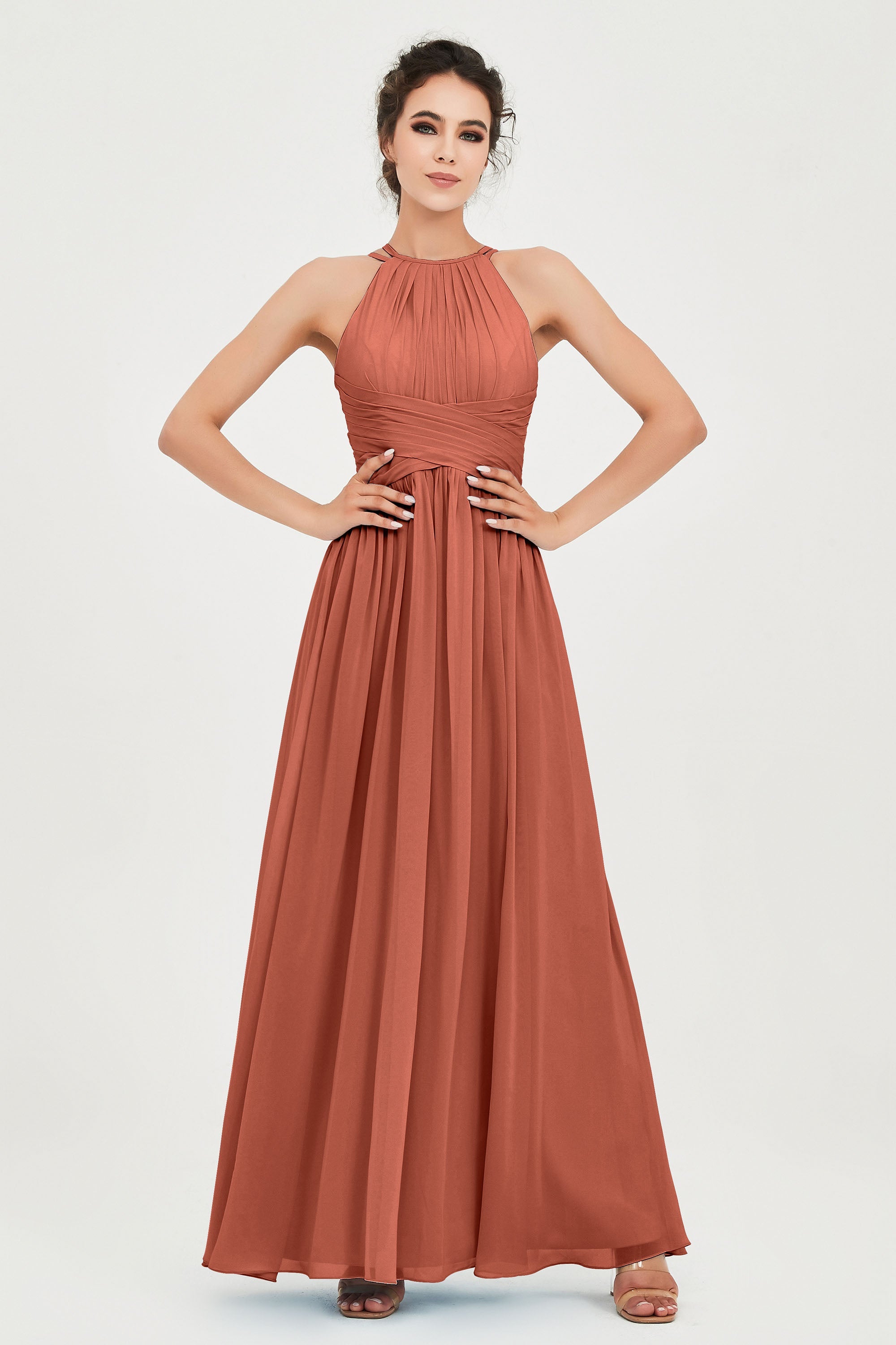 Empire Halter Chiffon Women's Bridesmaid Dress Ruched Formal Evening Prom Gowns