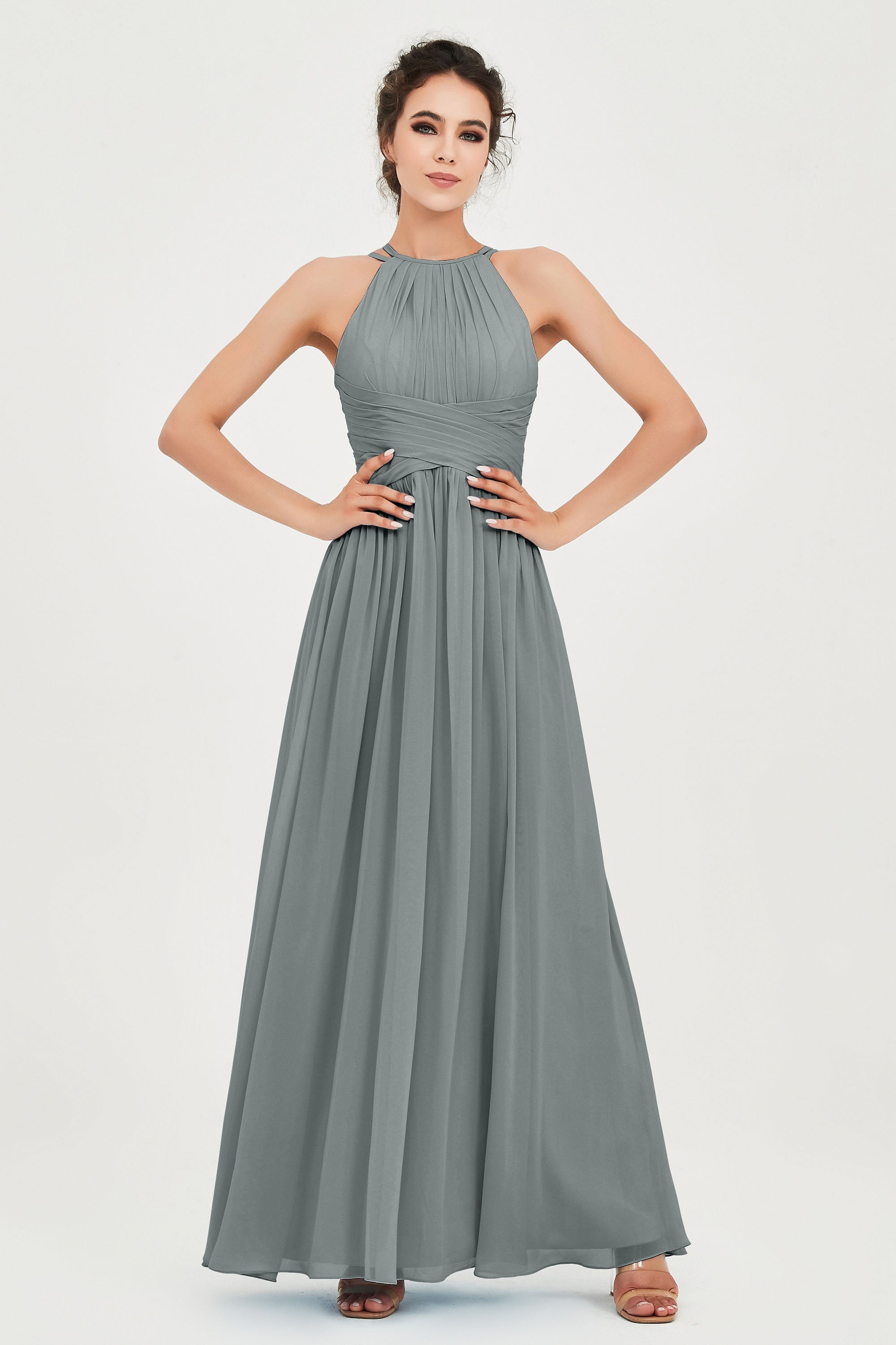 Empire Halter Chiffon Women's Bridesmaid Dress Ruched Formal Evening Prom Gowns