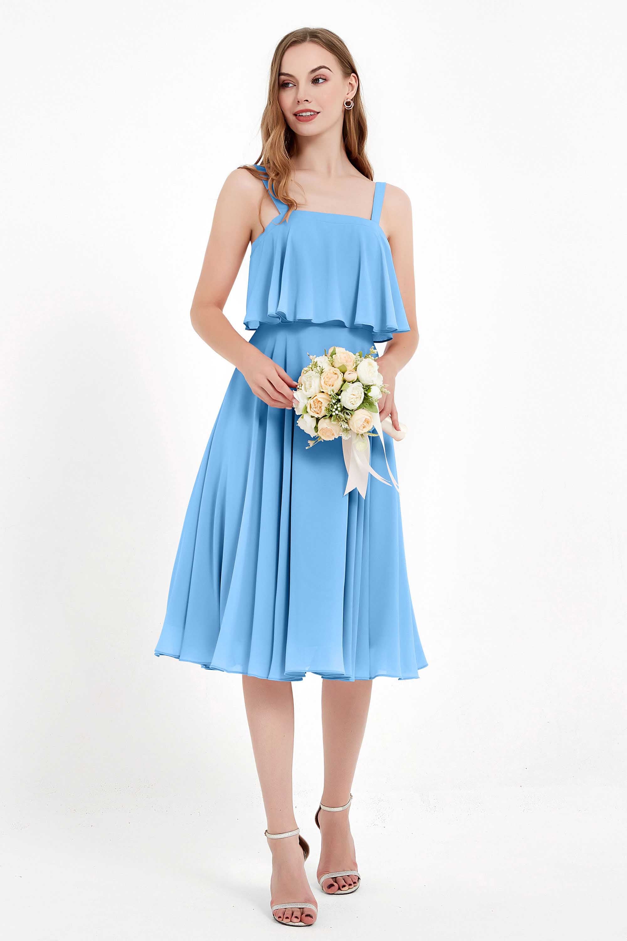 square neckline spaghetti straps midi dress junior bridesmaid dress wedding party guest dresses