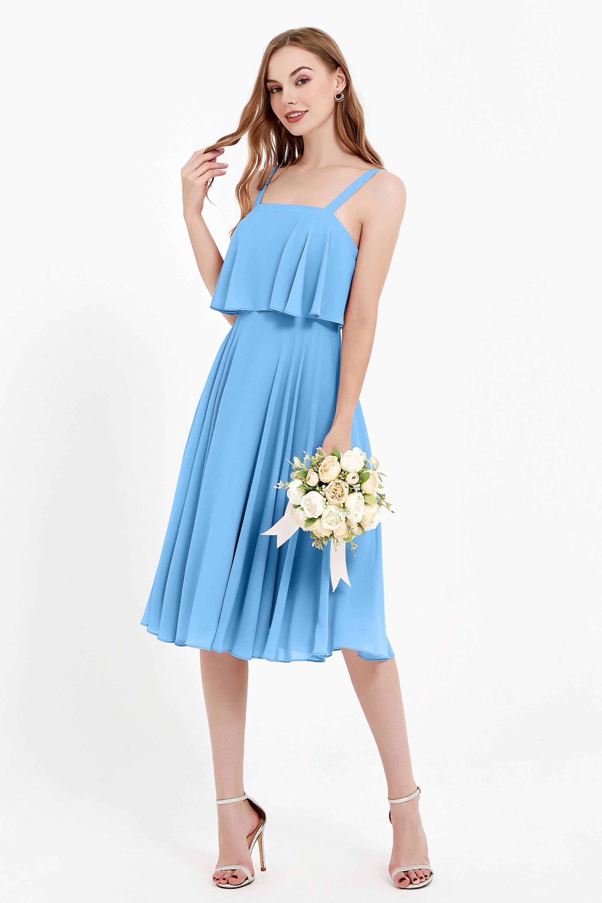 square neckline spaghetti straps midi dress junior bridesmaid dress wedding party guest dresses