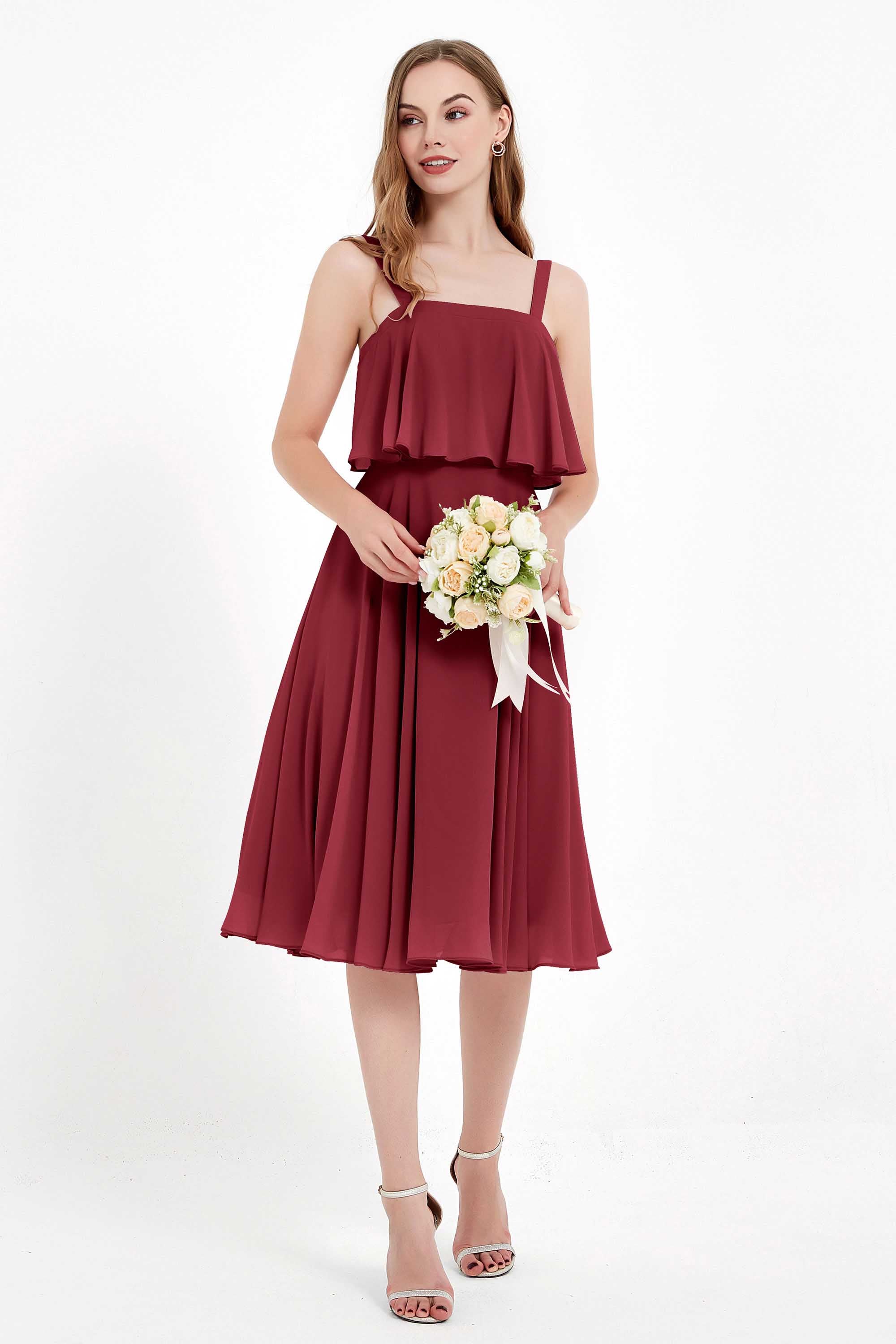 square neckline spaghetti straps midi dress junior bridesmaid dress wedding party guest dresses