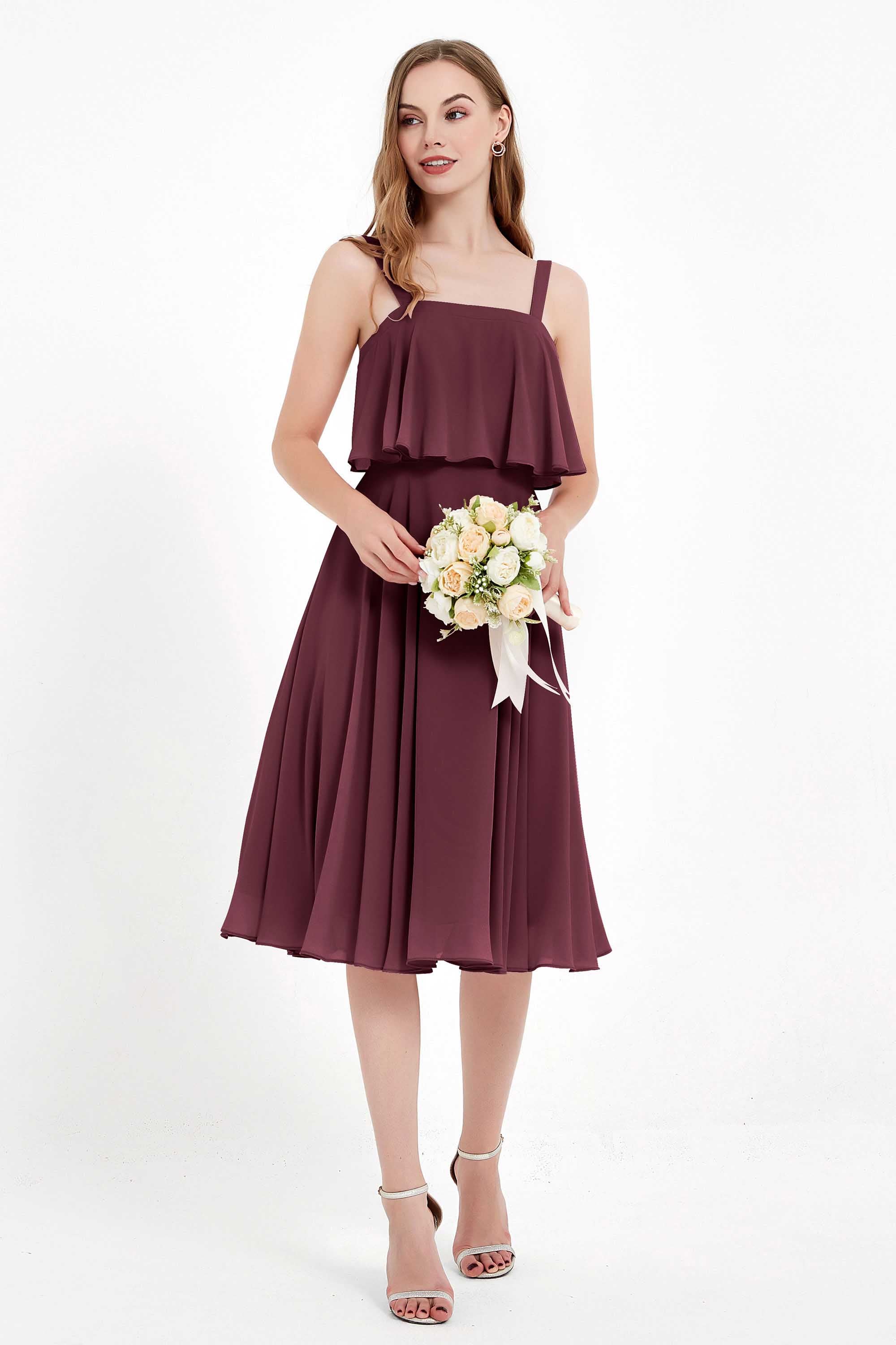 square neckline spaghetti straps midi dress junior bridesmaid dress wedding party guest dresses