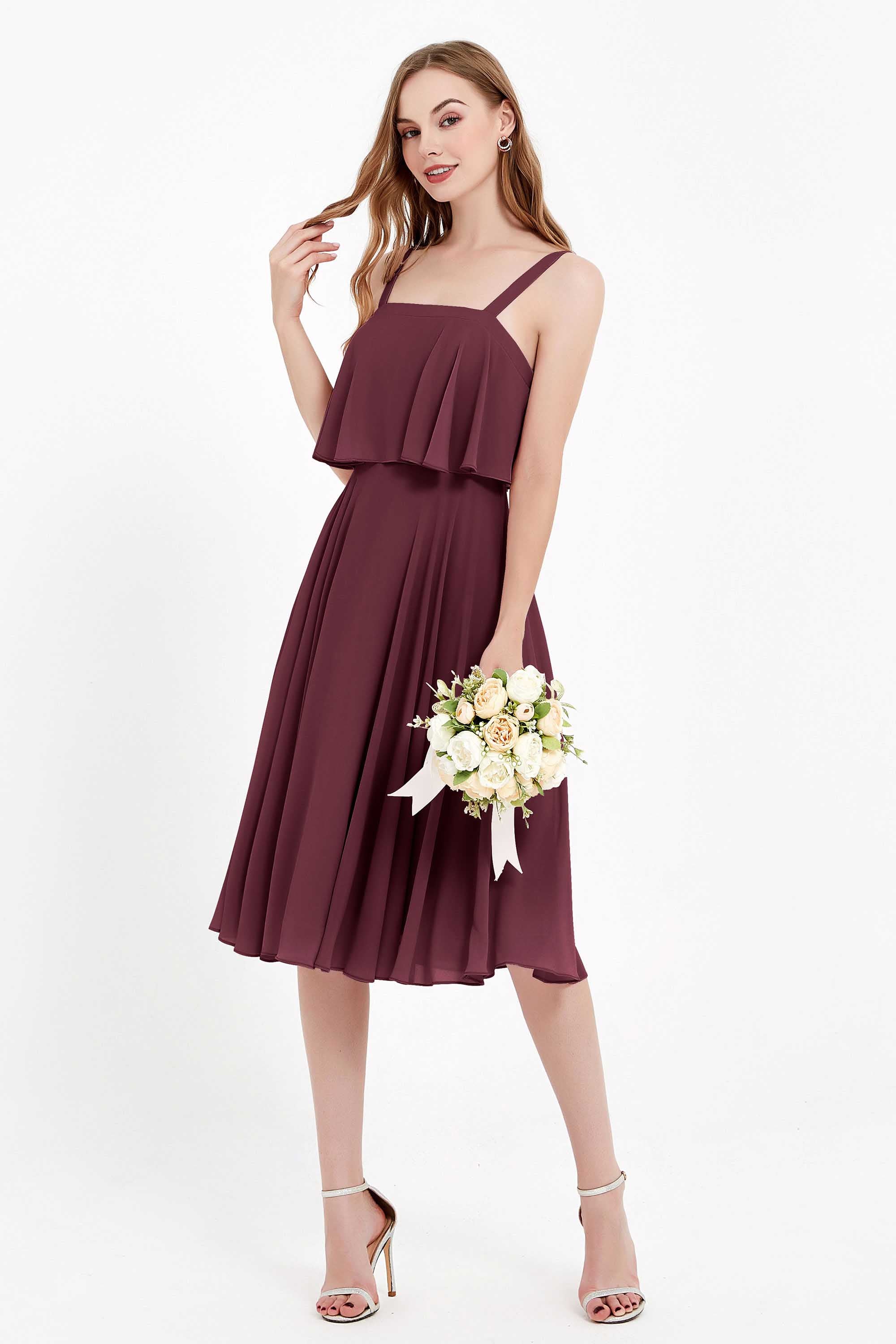 square neckline spaghetti straps midi dress junior bridesmaid dress wedding party guest dresses