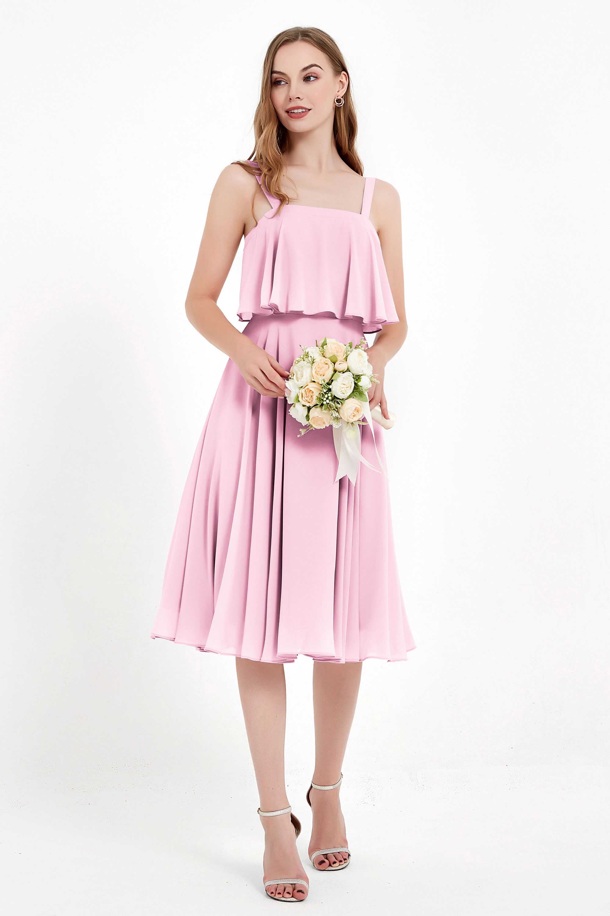 square neckline spaghetti straps midi dress junior bridesmaid dress wedding party guest dresses