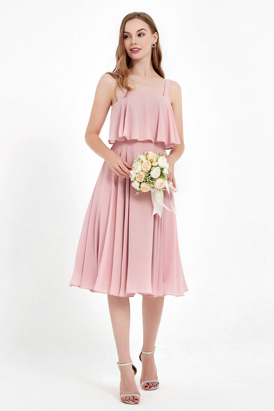 square neckline spaghetti straps midi dress junior bridesmaid dress wedding party guest dresses
