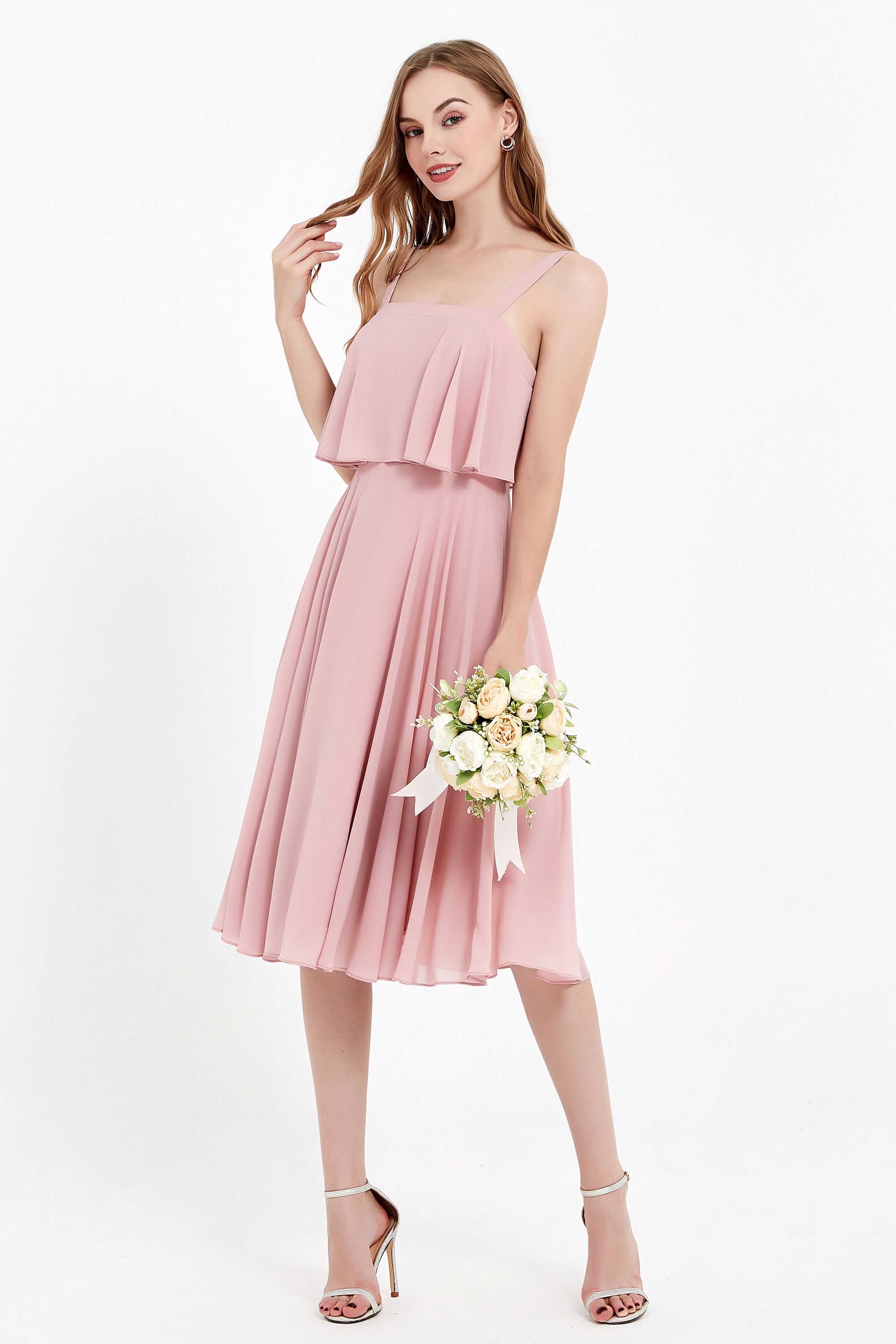 square neckline spaghetti straps midi dress junior bridesmaid dress wedding party guest dresses