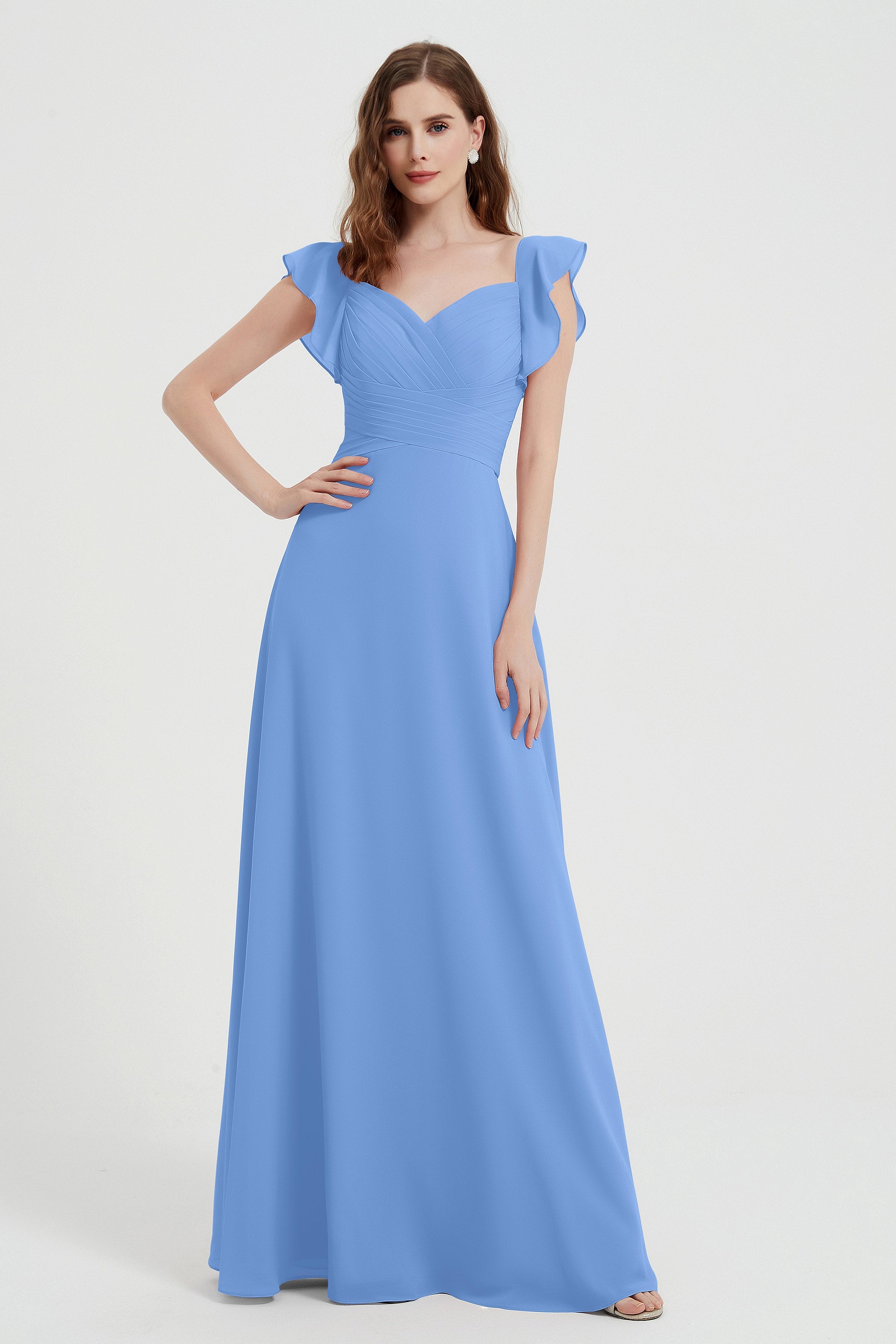 flattering bridesmaid dress v neckline flutter sleeves formal evening party dresses gowns