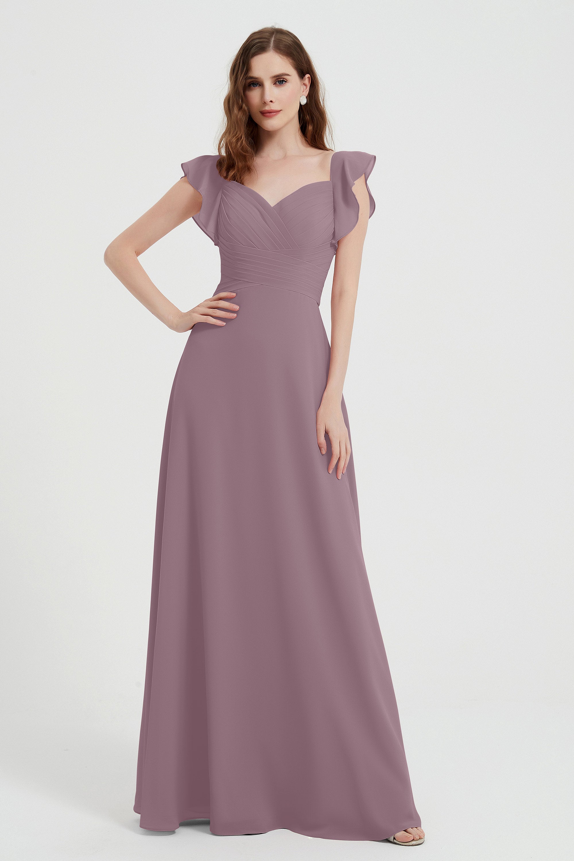 flattering bridesmaid dress v neckline flutter sleeves formal evening party dresses gowns