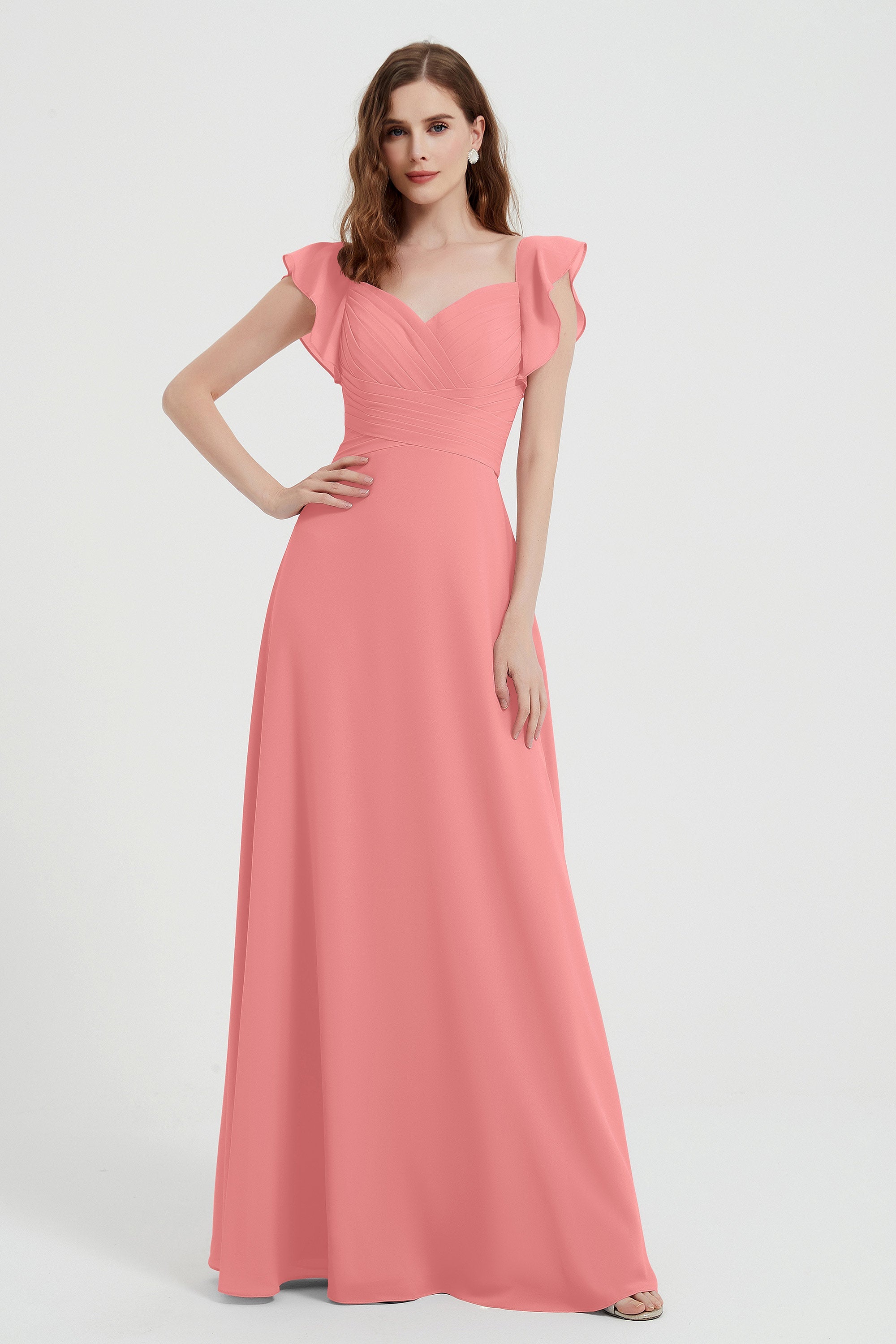 flattering bridesmaid dress v neckline flutter sleeves formal evening party dresses gowns