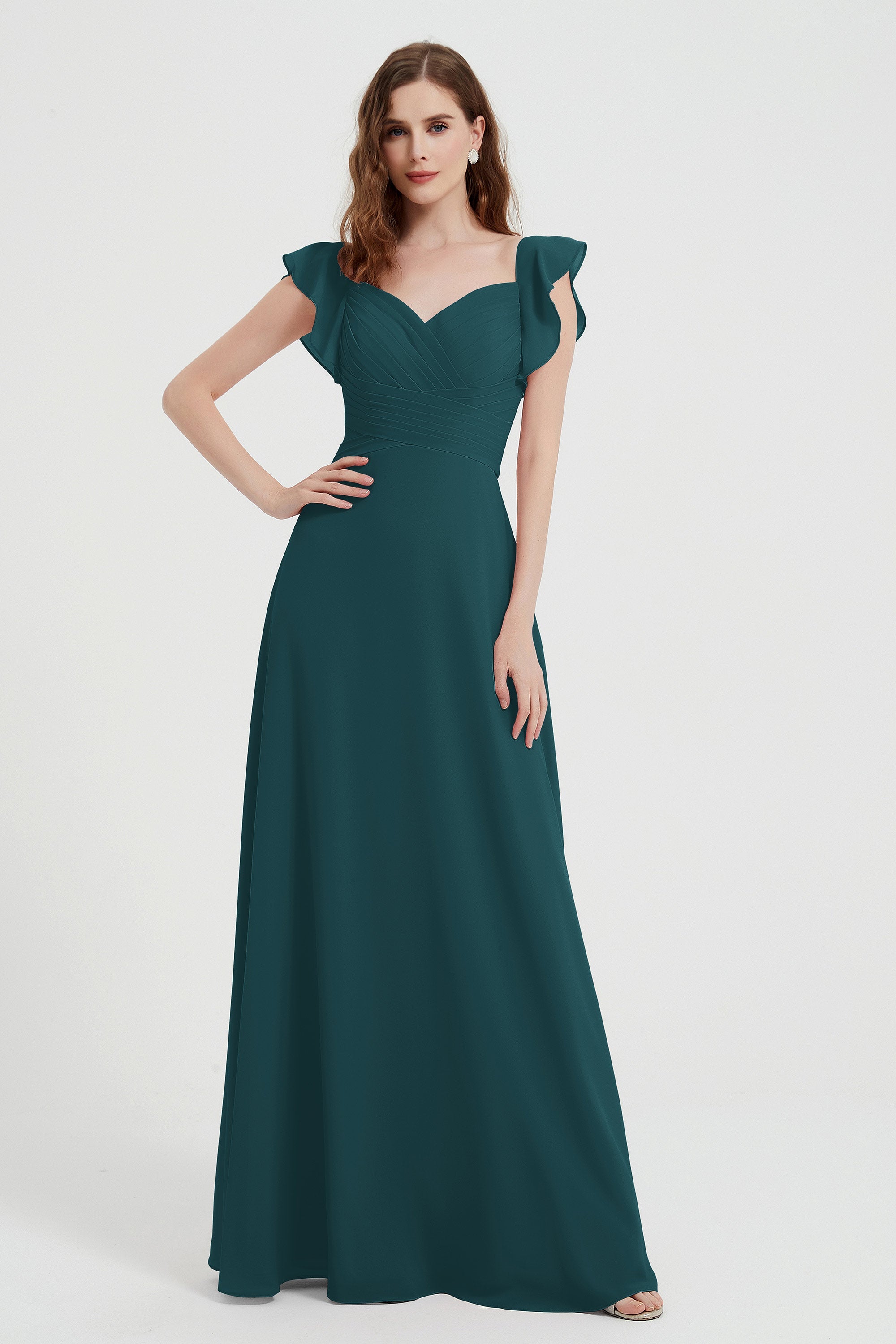 flattering bridesmaid dress v neckline flutter sleeves formal evening party dresses gowns