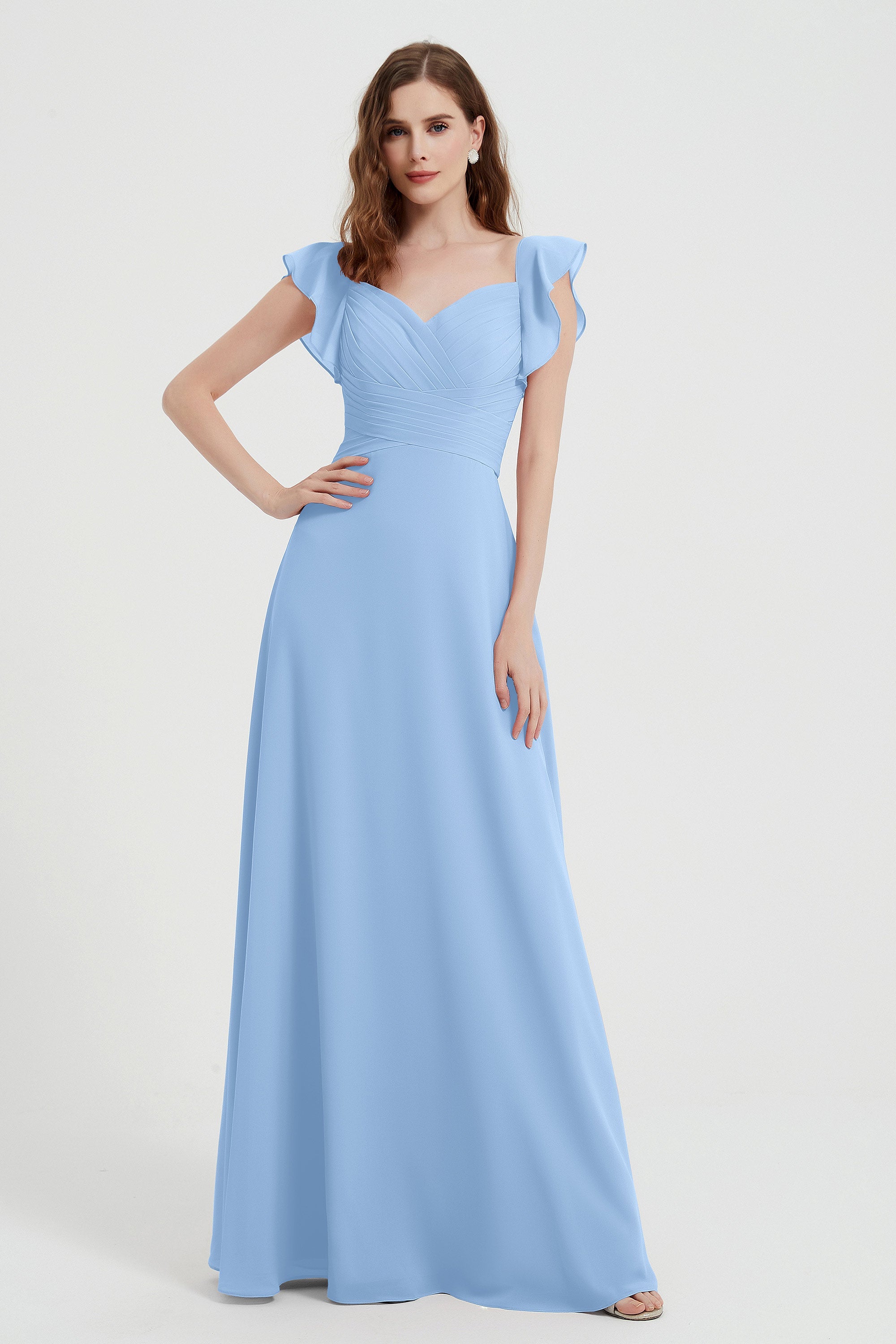 flattering bridesmaid dress v neckline flutter sleeves formal evening party dresses gowns