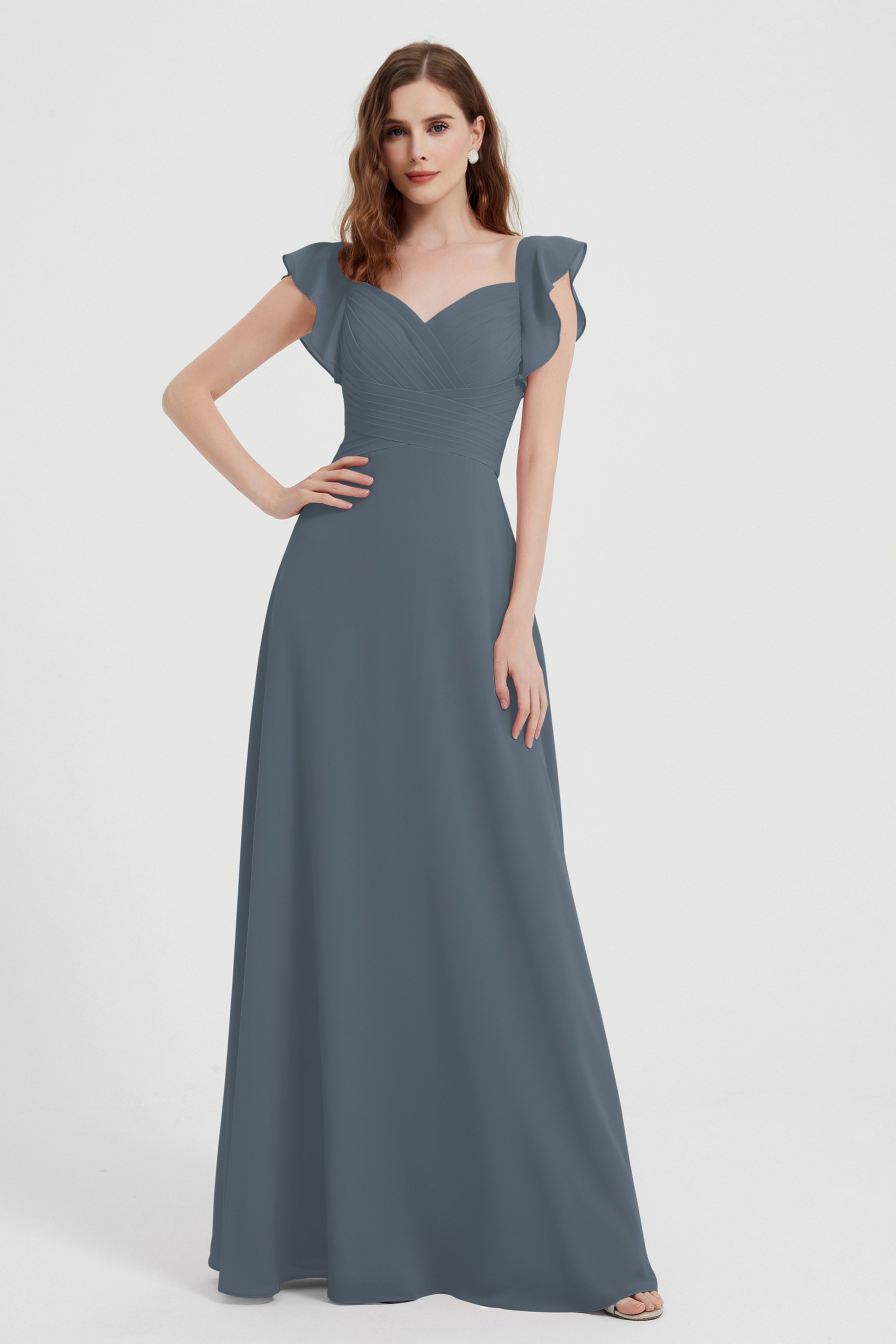 flattering bridesmaid dress v neckline flutter sleeves formal evening party dresses gowns