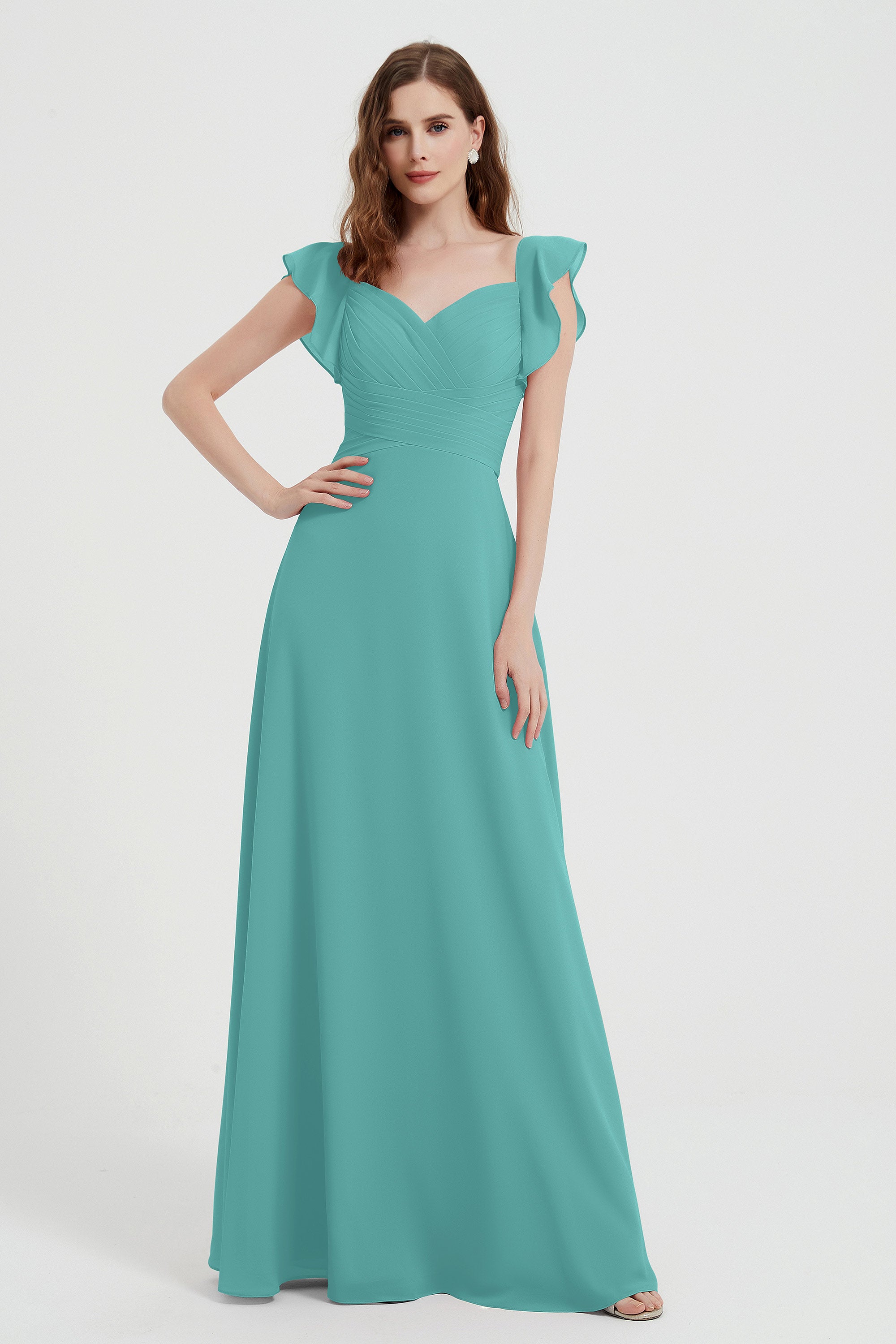 flattering bridesmaid dress v neckline flutter sleeves formal evening party dresses gowns