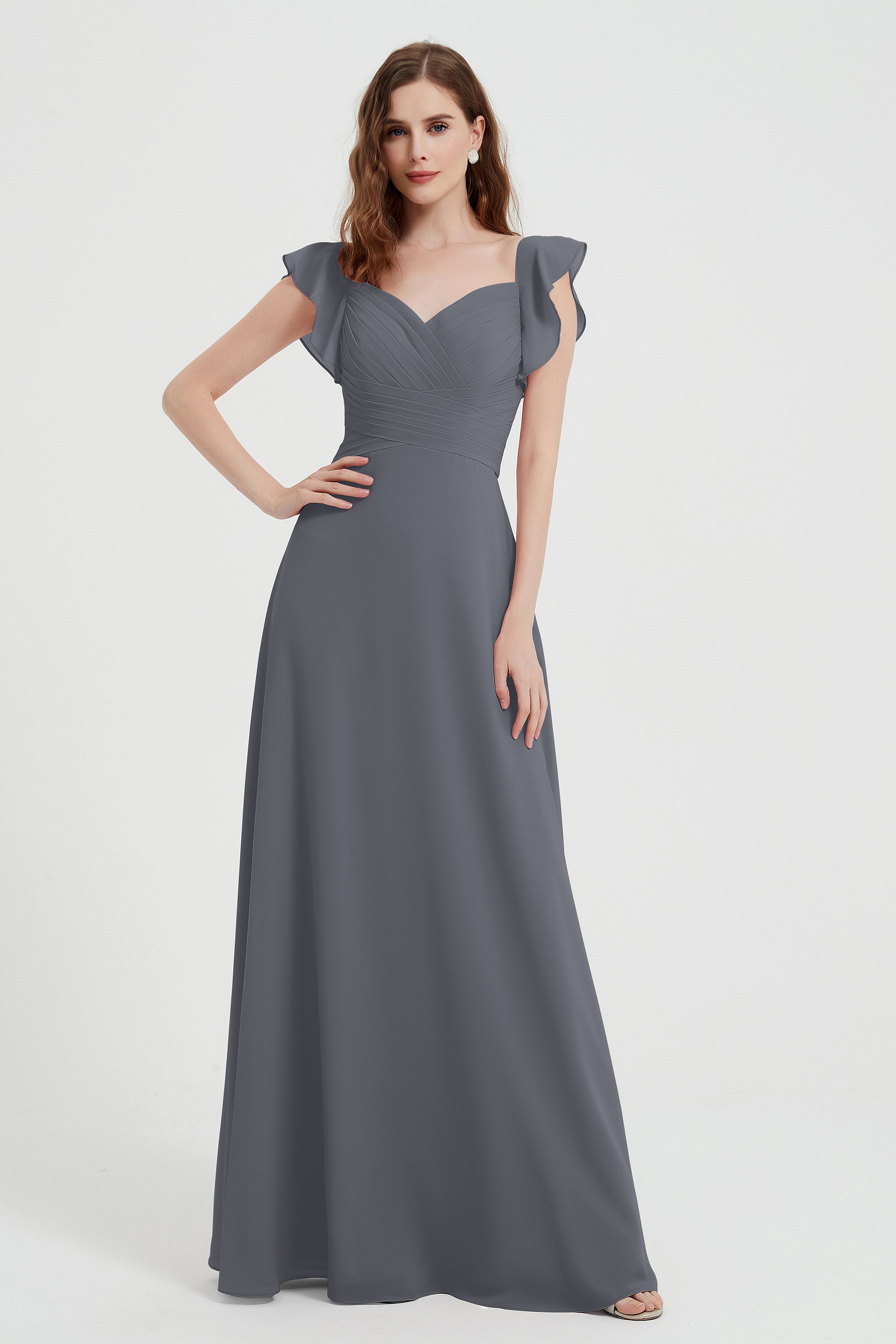 flattering bridesmaid dress v neckline flutter sleeves formal evening party dresses gowns