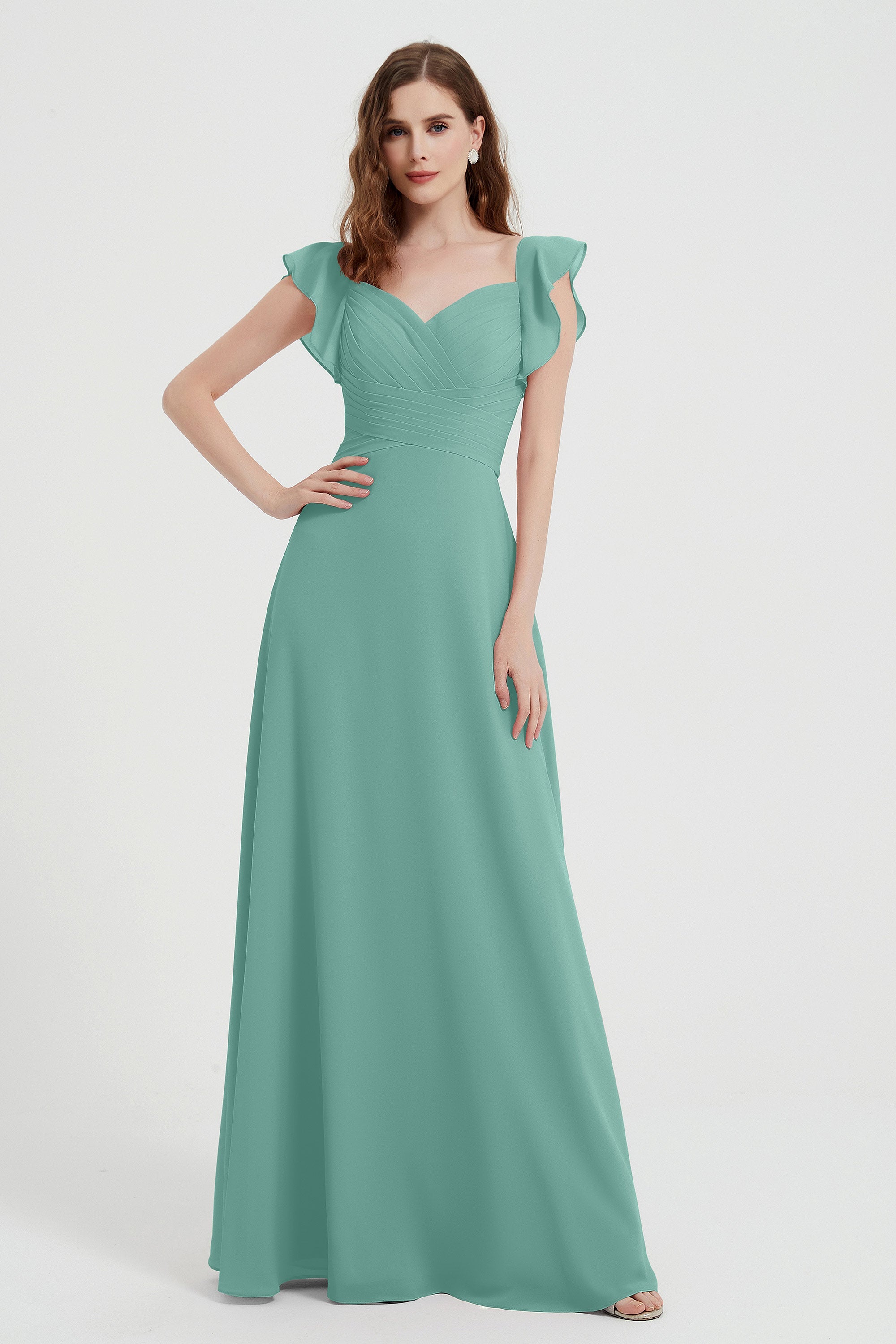 flattering bridesmaid dress v neckline flutter sleeves formal evening party dresses gowns