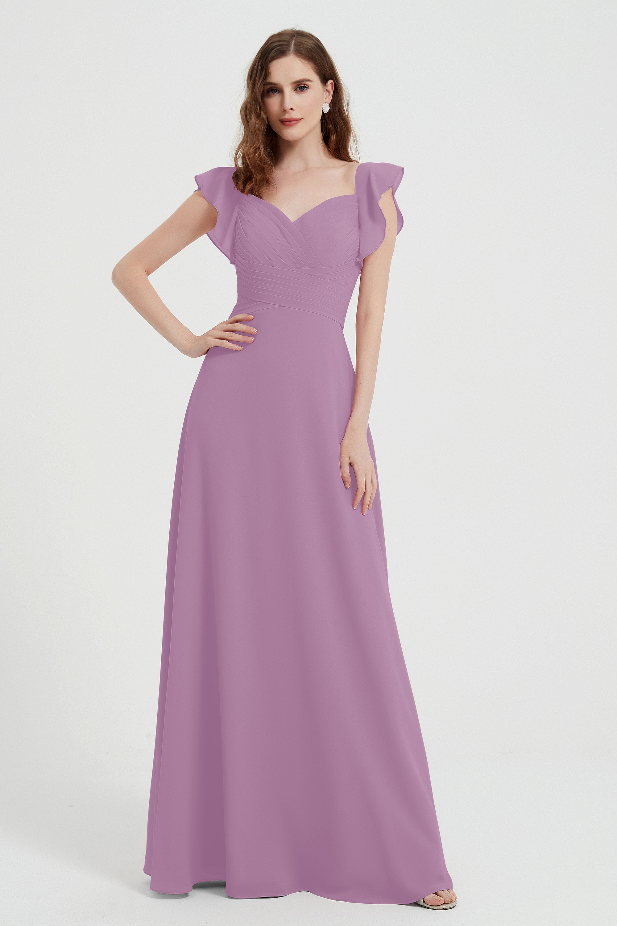 flattering bridesmaid dress v neckline flutter sleeves formal evening party dresses gowns