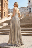 Metallic Keyhole Spaghetti Strap Long Prom Dress with Slit