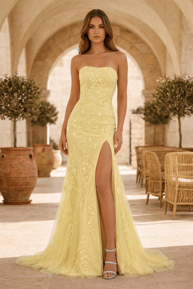 Mermaid Strapless Lace Long Prom Dress with Slit