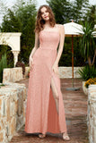 Spaghetti Straps Lace Formal Evening Dresses Square Party Bridesmaid Dress with Slit