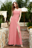 Spaghetti Straps Lace Formal Evening Dresses Square Party Bridesmaid Dress with Slit