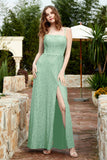 Spaghetti Straps Lace Formal Evening Dresses Square Party Bridesmaid Dress with Slit
