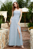 Spaghetti Straps Lace Formal Evening Dresses Square Party Bridesmaid Dress with Slit