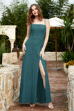 Spaghetti Straps Lace Formal Evening Dresses Square Party Bridesmaid Dress with Slit