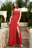 Spaghetti Straps Lace Formal Evening Dresses Square Party Bridesmaid Dress with Slit