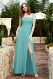 Spaghetti Straps Lace Formal Evening Dresses Square Party Bridesmaid Dress with Slit
