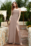 Spaghetti Straps Lace Formal Evening Dresses Square Party Bridesmaid Dress with Slit