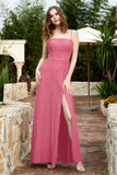Spaghetti Straps Lace Formal Evening Dresses Square Party Bridesmaid Dress with Slit