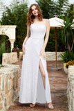 Spaghetti Straps Lace Formal Evening Dresses Square Party Bridesmaid Dress with Slit