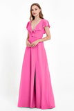 Deep V Neck Chiffon Bridesmaid Dress Flutter Sleeves Formal Evening Dresses Gowns with Slit