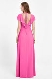 Deep V Neck Chiffon Bridesmaid Dress Flutter Sleeves Formal Evening Dresses Gowns with Slit