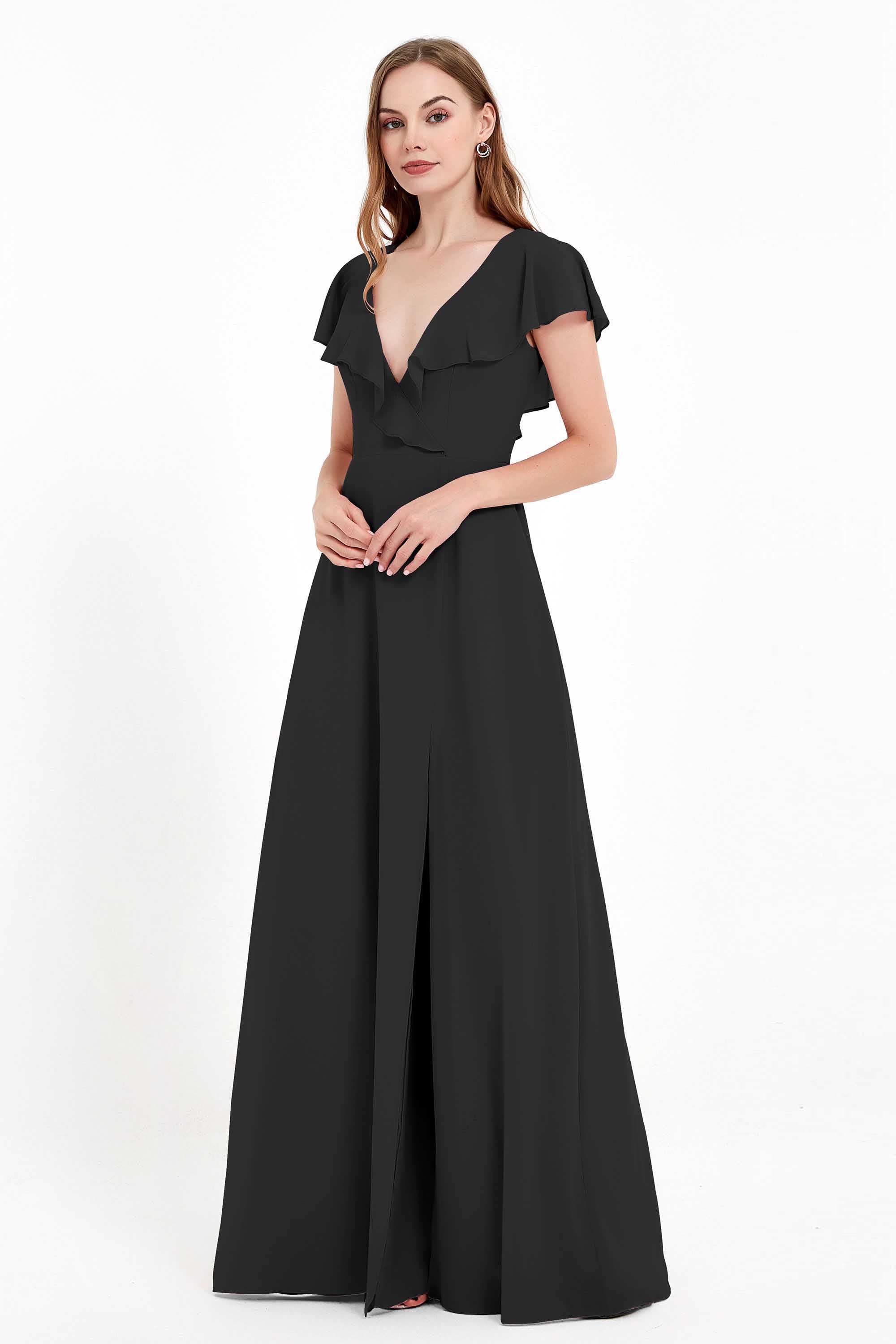 Deep V Neck Chiffon Bridesmaid Dress Flutter Sleeves Formal Evening Dresses Gowns with Slit