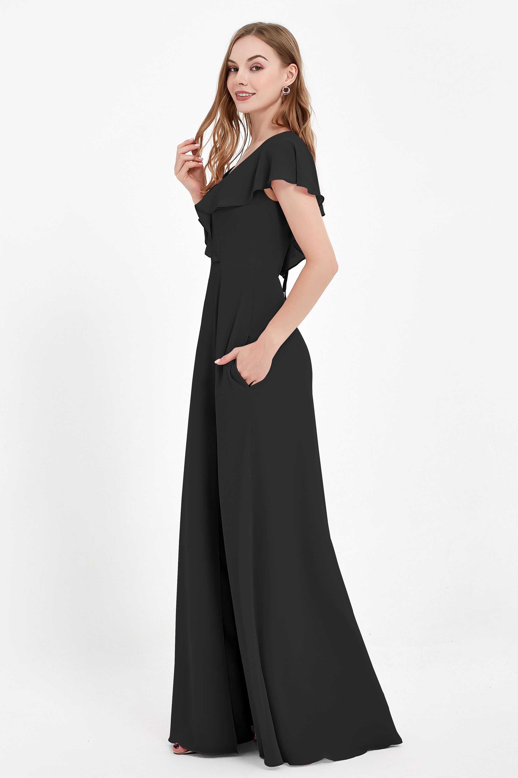 Deep V Neck Chiffon Bridesmaid Dress Flutter Sleeves Formal Evening Dresses Gowns with Slit