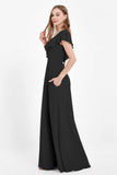 Deep V Neck Chiffon Bridesmaid Dress Flutter Sleeves Formal Evening Dresses Gowns with Slit