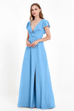 Deep V Neck Chiffon Bridesmaid Dress Flutter Sleeves Formal Evening Dresses Gowns with Slit