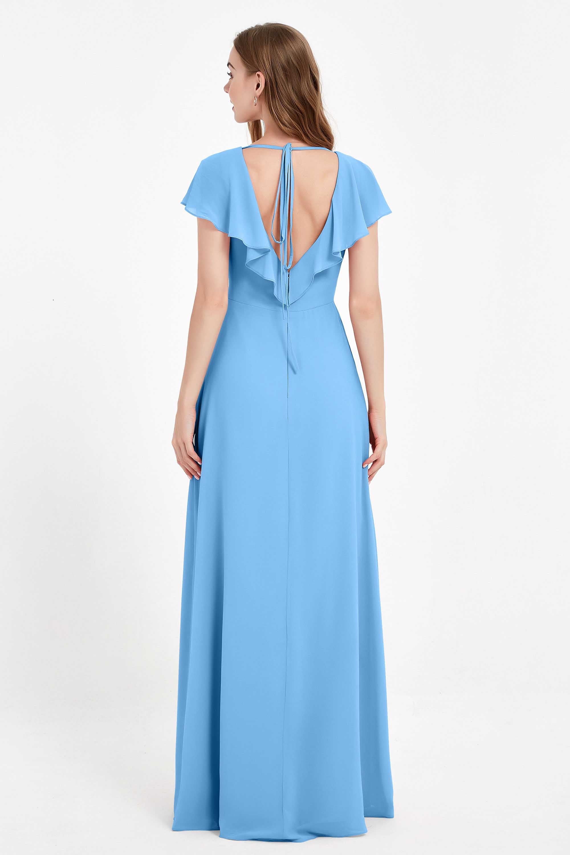 Deep V Neck Chiffon Bridesmaid Dress Flutter Sleeves Formal Evening Dresses Gowns with Slit