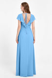 Deep V Neck Chiffon Bridesmaid Dress Flutter Sleeves Formal Evening Dresses Gowns with Slit