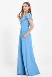 Deep V Neck Chiffon Bridesmaid Dress Flutter Sleeves Formal Evening Dresses Gowns with Slit