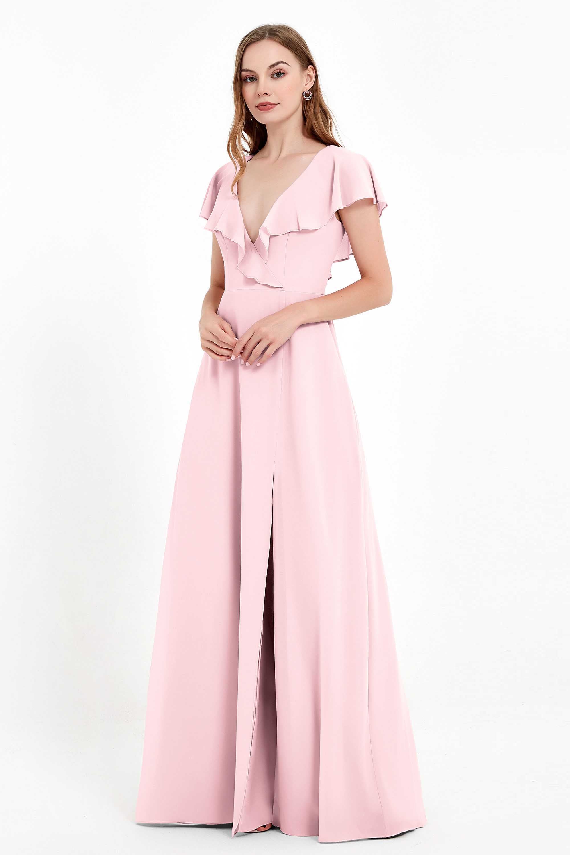 Deep V Neck Chiffon Bridesmaid Dress Flutter Sleeves Formal Evening Dresses Gowns with Slit
