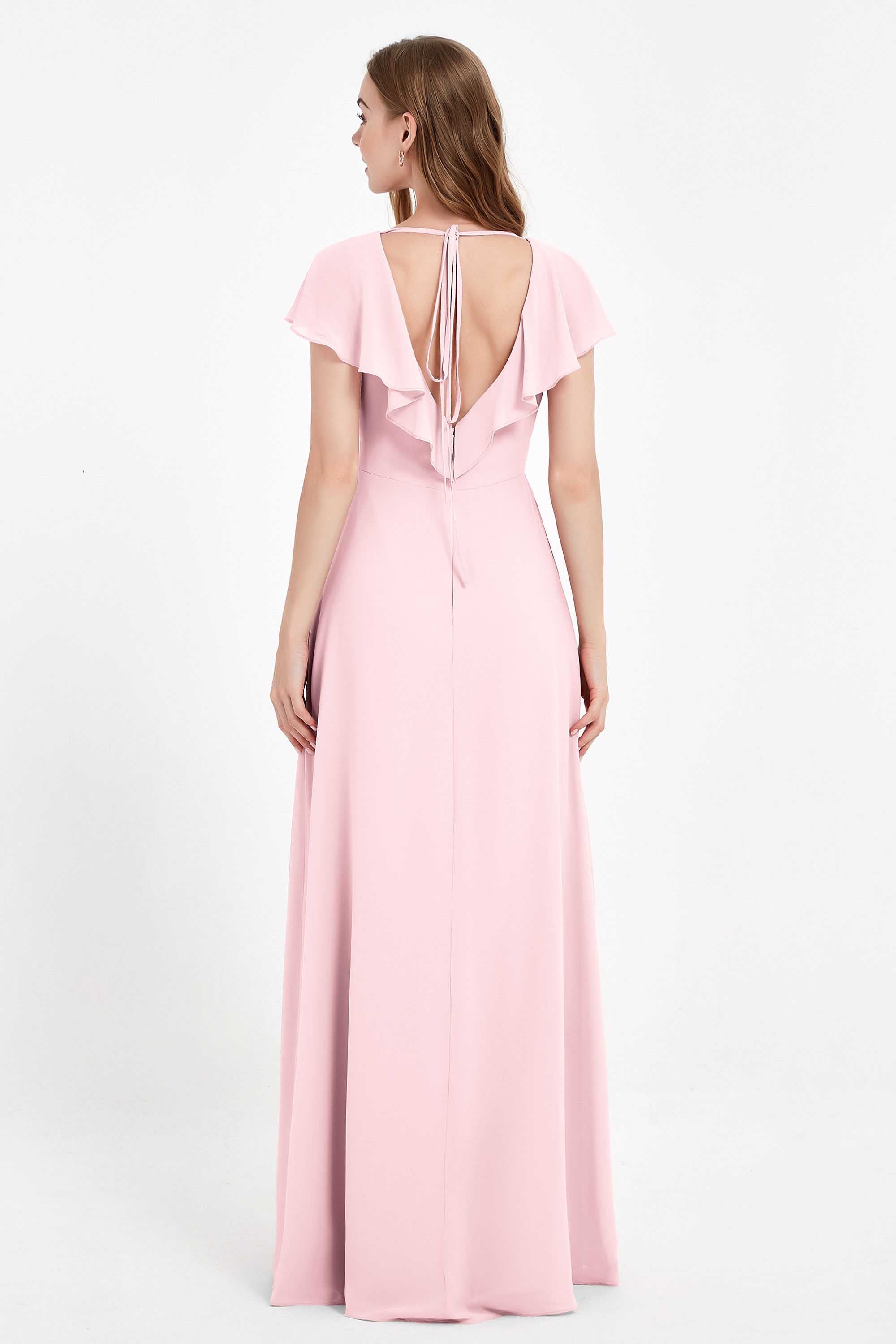 Deep V Neck Chiffon Bridesmaid Dress Flutter Sleeves Formal Evening Dresses Gowns with Slit