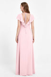 Deep V Neck Chiffon Bridesmaid Dress Flutter Sleeves Formal Evening Dresses Gowns with Slit
