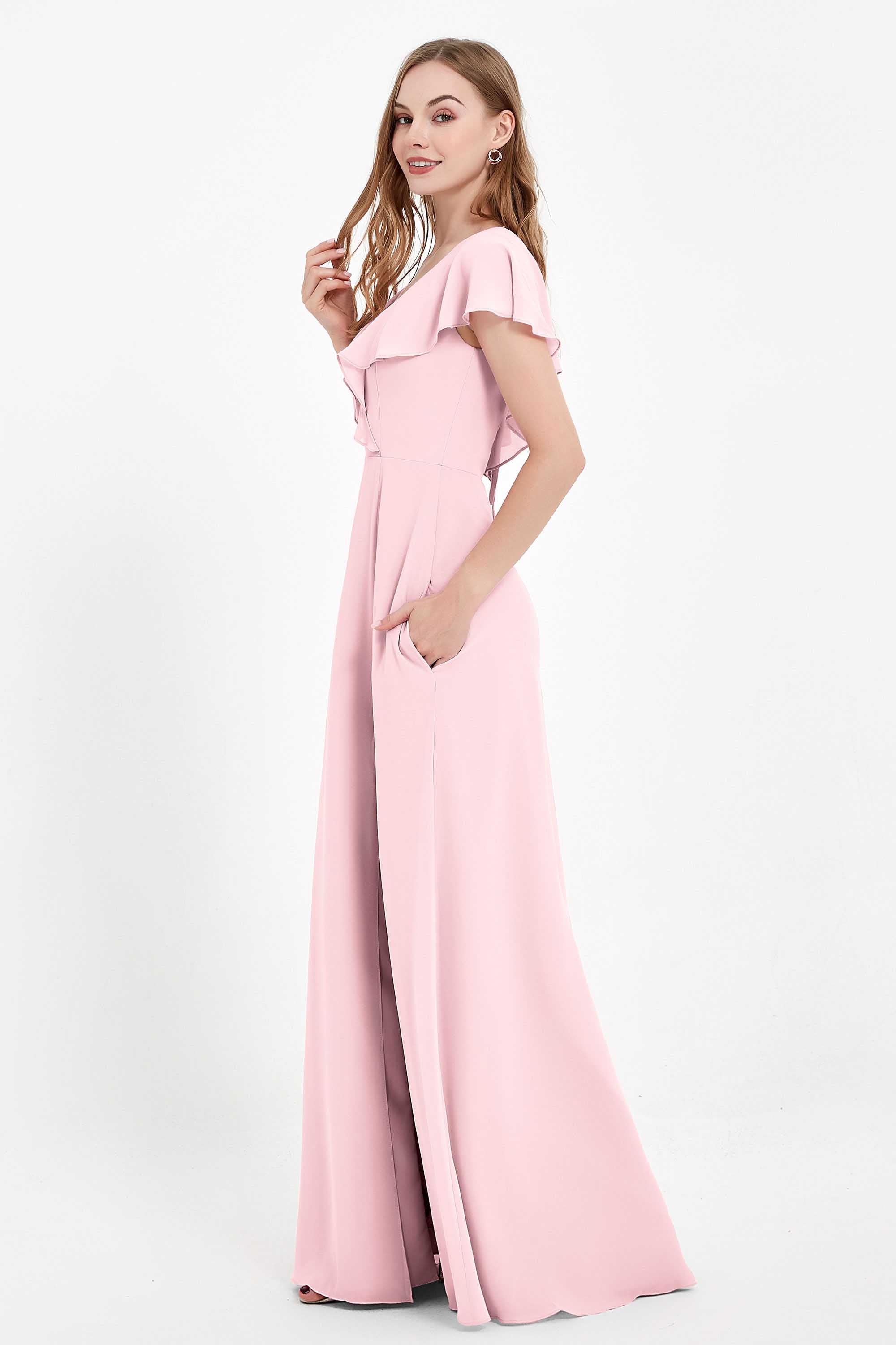 Deep V Neck Chiffon Bridesmaid Dress Flutter Sleeves Formal Evening Dresses Gowns with Slit